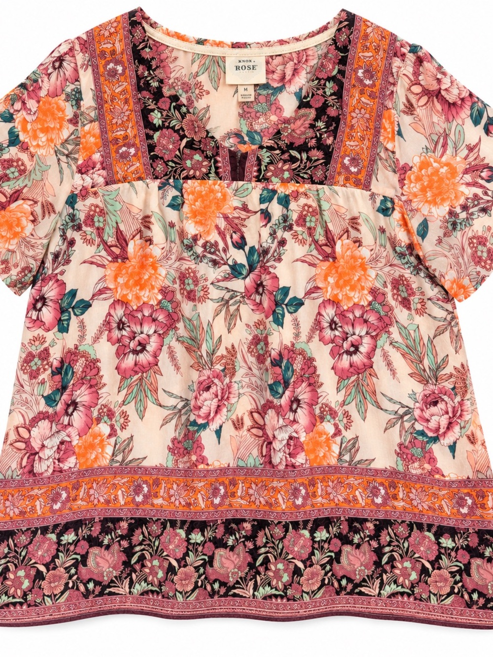 Knox Rose Cream Floral Short-Sleeve Peasant Top with Orange Accents